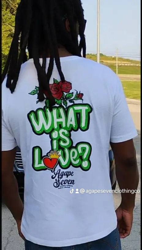 Urban clothing brand love collection design featuring a 'What is Love?' graphic on a white t-shirt.