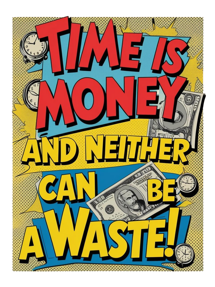 Creative artwork featuring the phrase 'Time is Money Collection' with clocks and cash as visuals.